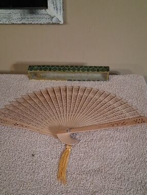 Handheld Wooden Folding Fan with Tassel - Beige